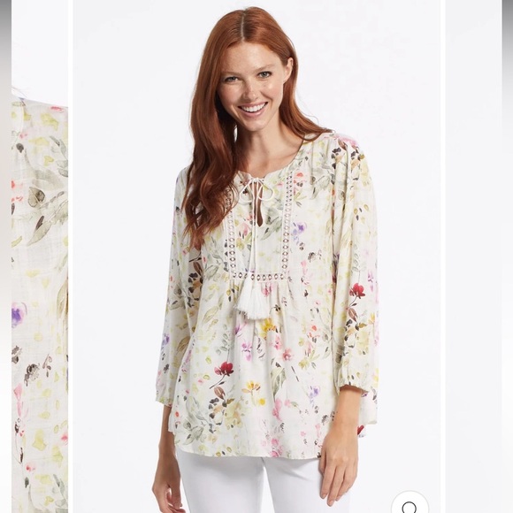 Tribal Tops - TRIBAL Women’s long sleeve Print Top With Double Frill Size Medium